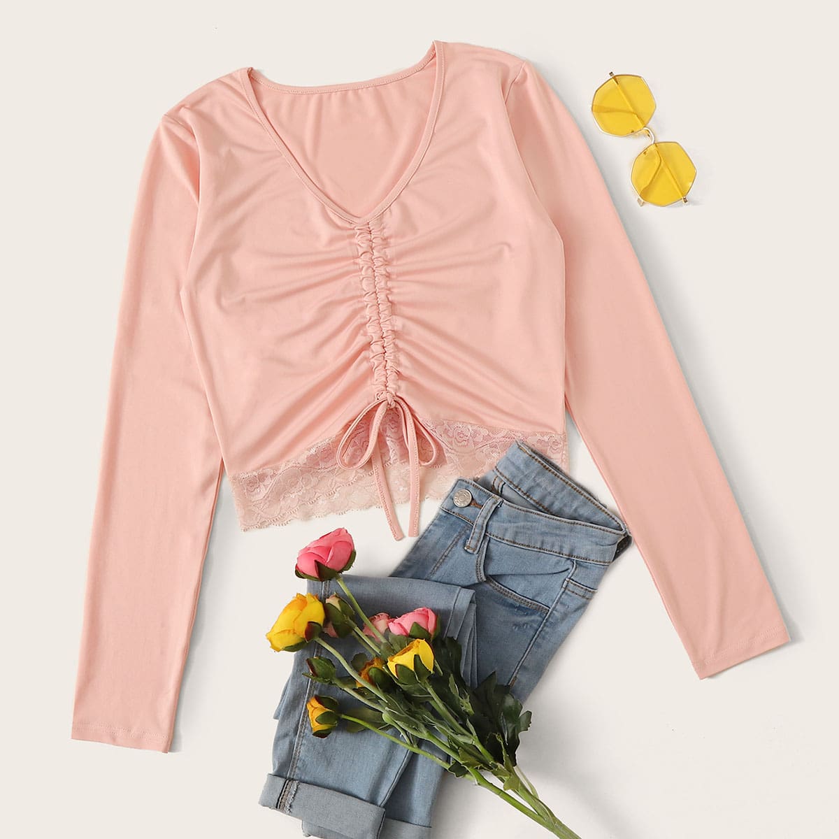 

Lace Hem Drawstring Pink Top