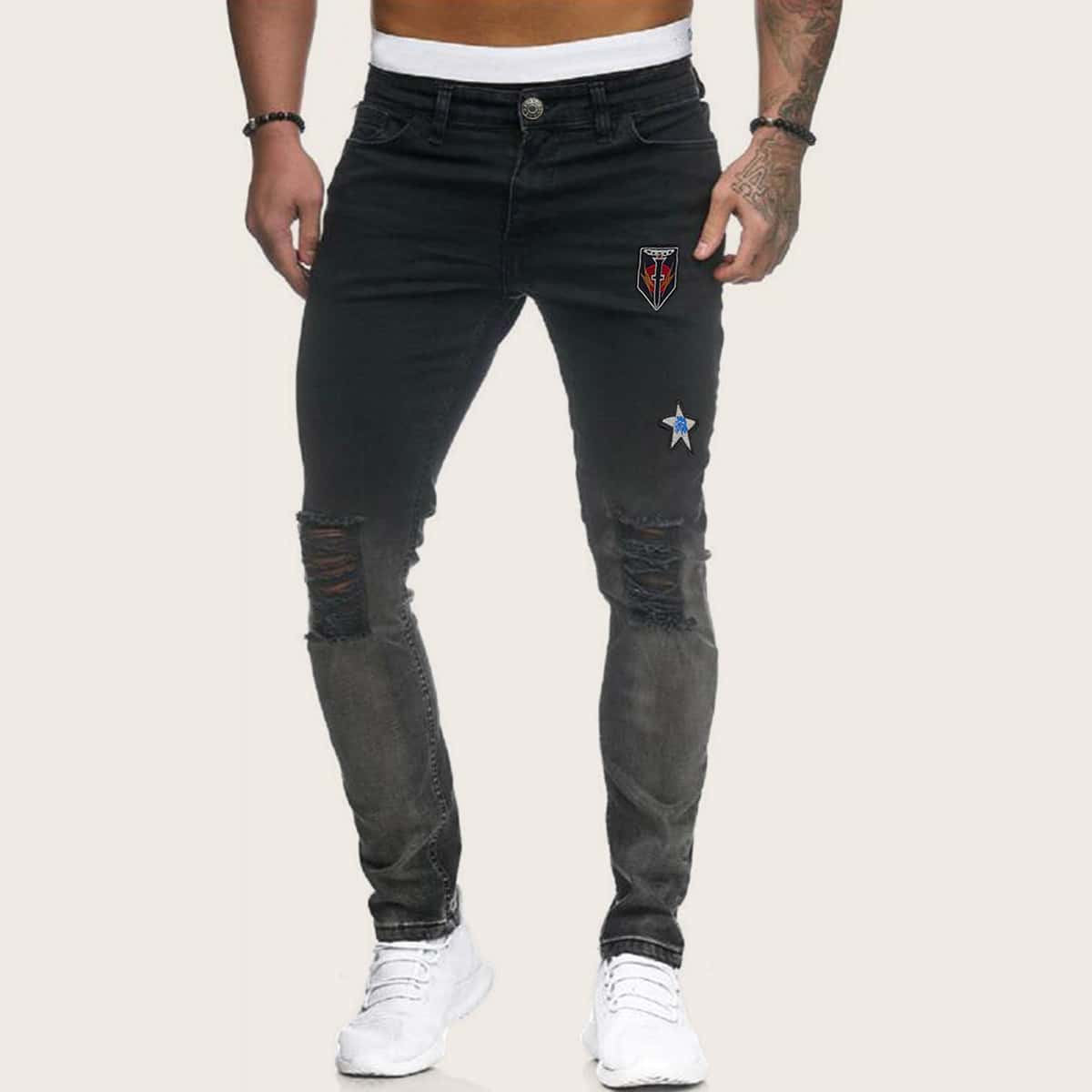 

Guys Graphic Embroidery Ripped Jeans, Black