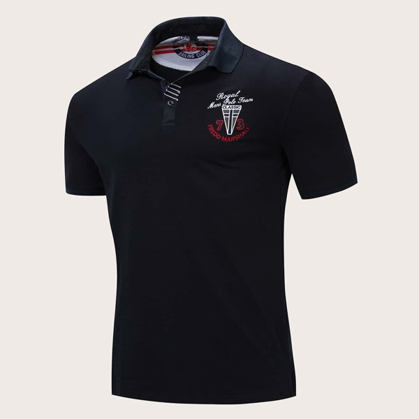 

Men Letter Embroidery Polo Shirt, Navy