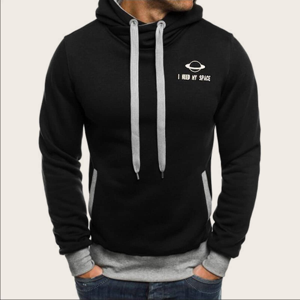 Guys Color-block Letter Graphic Drawstring Hoodie, Black