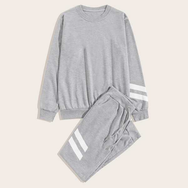

Men Stripe Tape Sweatshirt & Drawstring Sweatpants, Grey