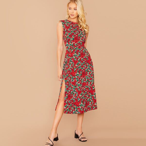 

Floral Print Slit Hem Backless Sleeveless Dress, Multicolor