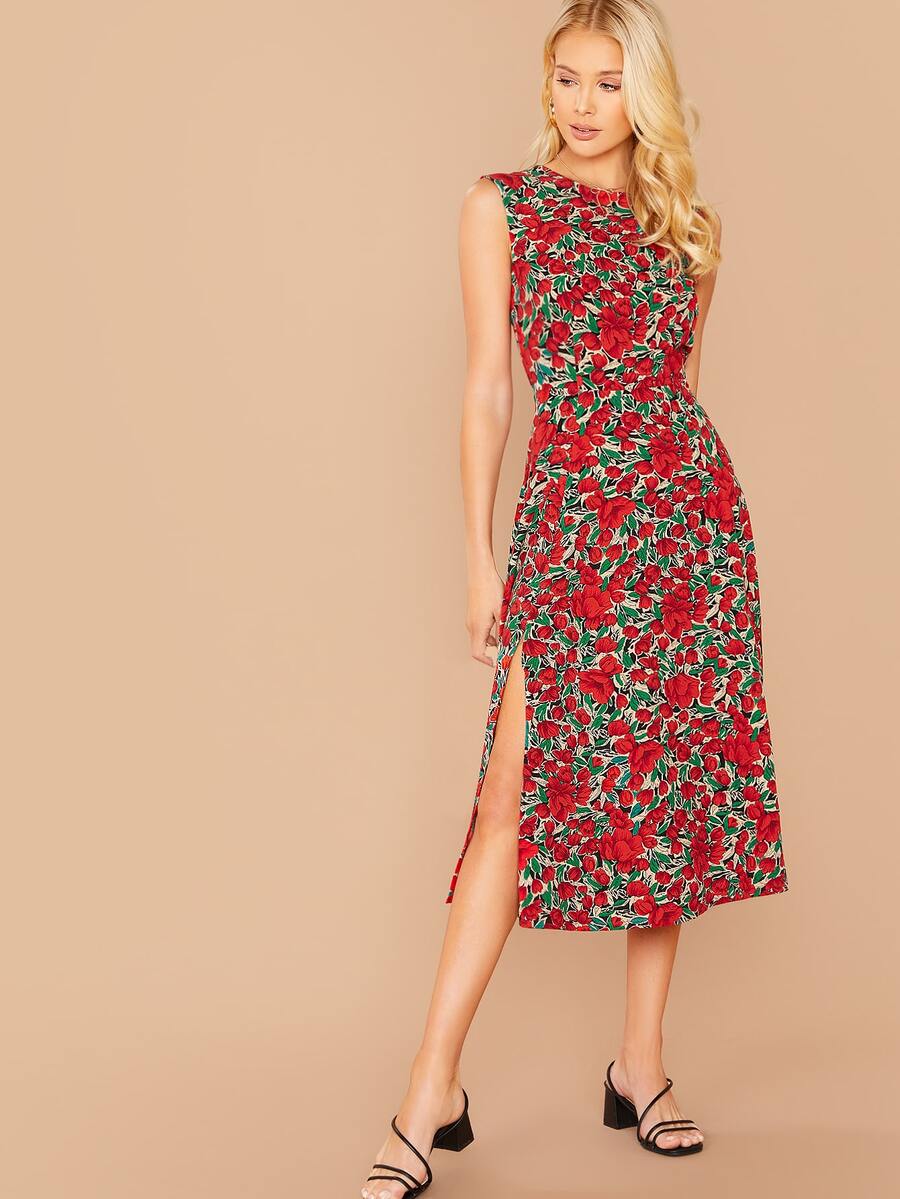 SHEIN Floral Print Slit Hem Backless Sleeveless Dress