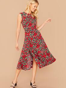 SHEIN Floral Print Slit Hem Backless Sleeveless Dress