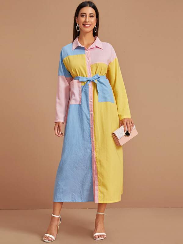 

Colorblock Button Front Pocket Belted Shirt Dress, Multicolor, Gabe