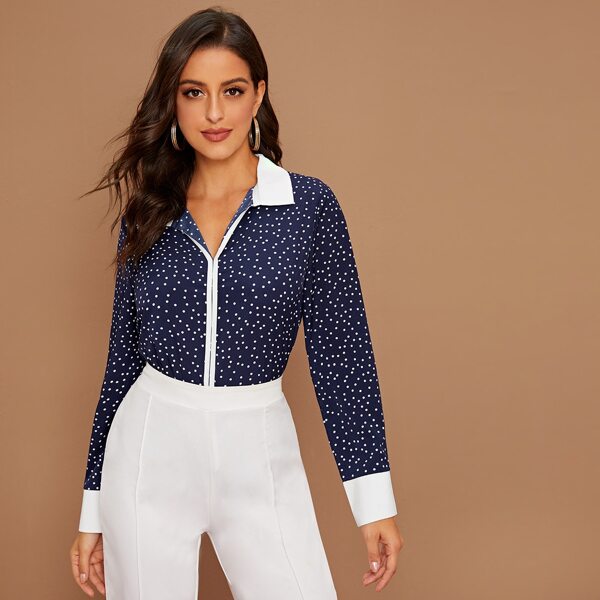 

Polka Dot Contrast Binding Blouse, Navy