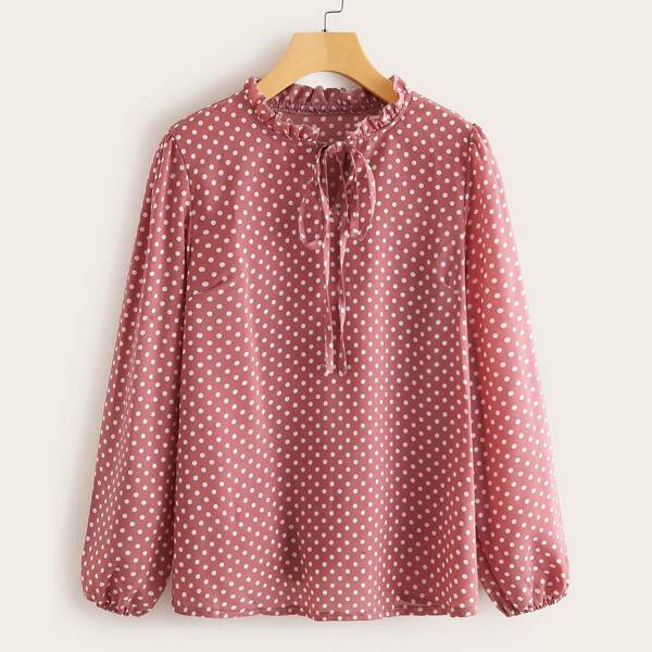 

Polka Dot Print Knot Front Lettuce Frill Blouse, Pink