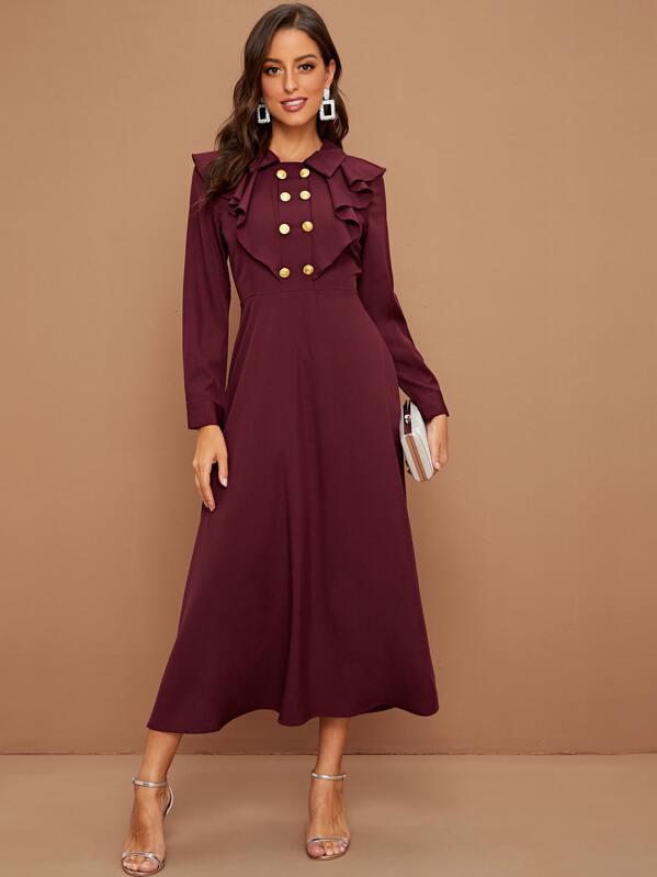 

Double Breasted Ruffle Trim Dress, Burgundy, Mary P.