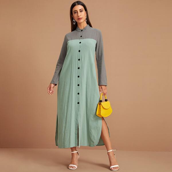 

Two Tone Button Front Slit Hem Shirt Dress, Multicolor