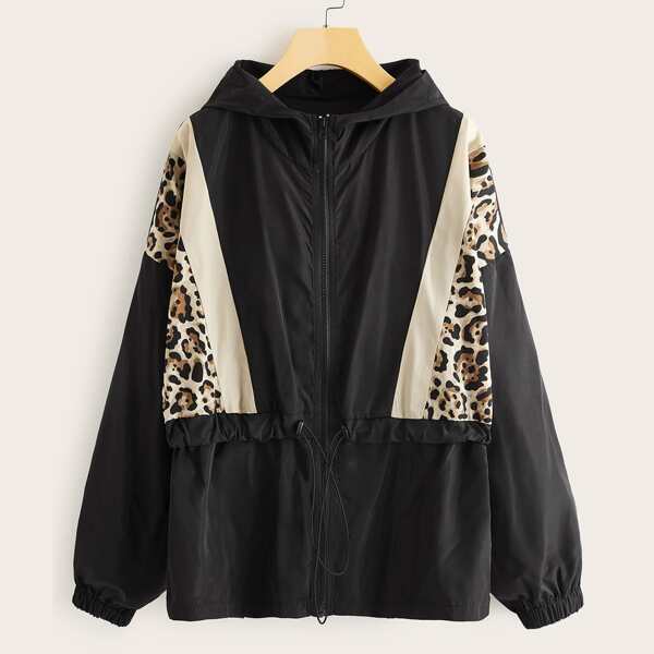 

Leopard Print Drawstring Waist Windbreaker Jacket, Black