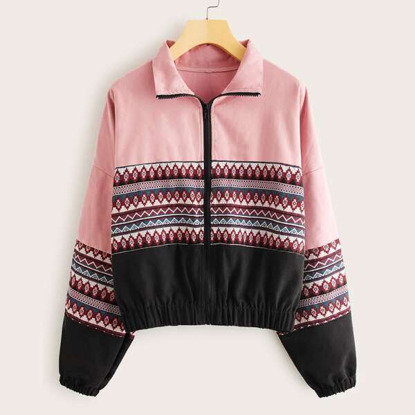 

Colorblock Tribal Print Drop Shoulder Jacket, Multicolor