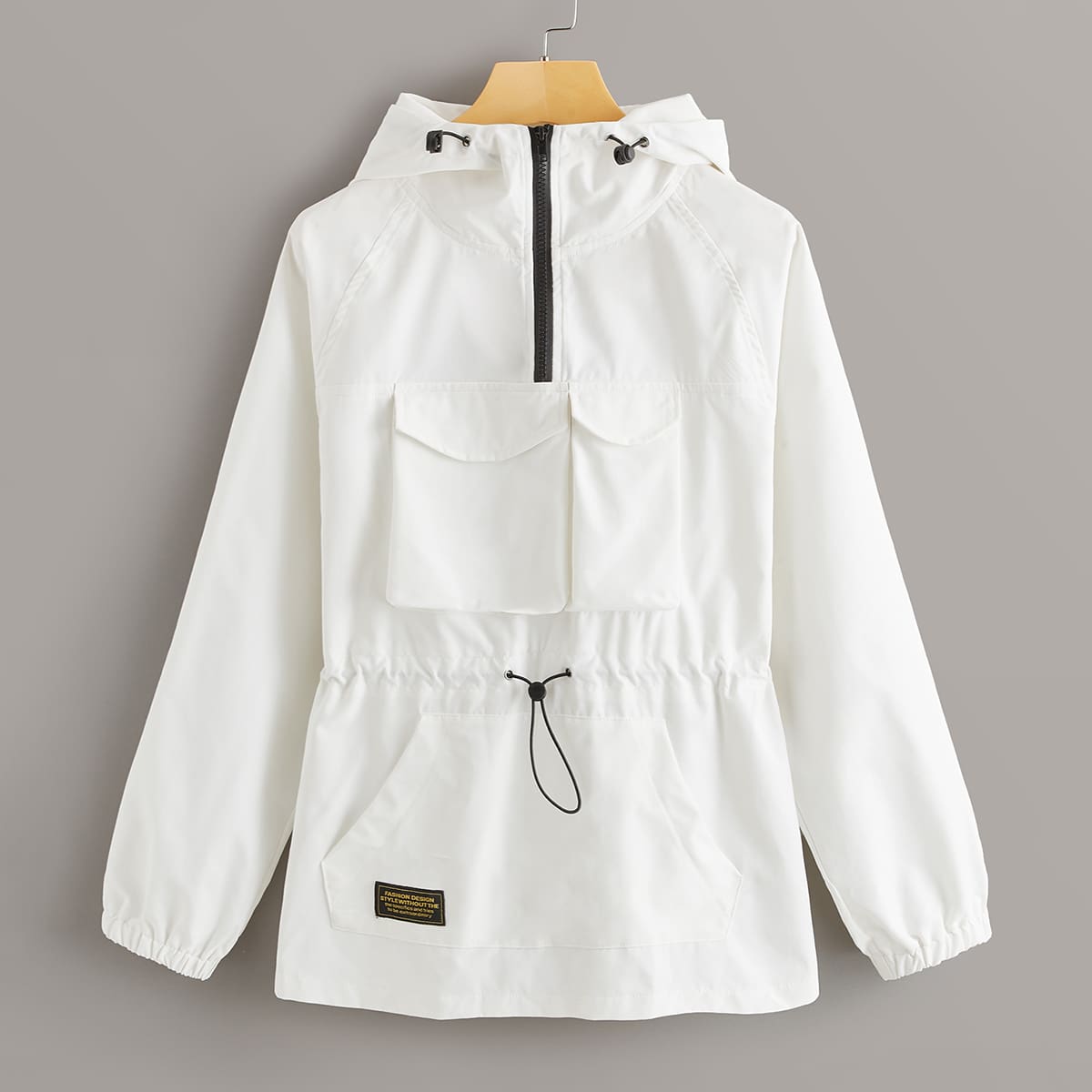 

Zip Half Pocket Front Drawstring Windbreaker Jacket, White