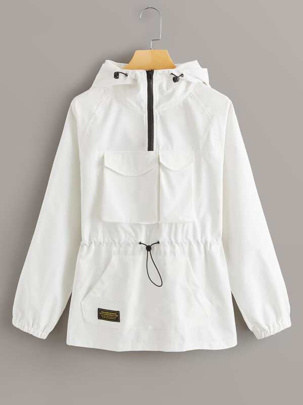 

Zip Half Pocket Front Drawstring Windbreaker Jacket, White