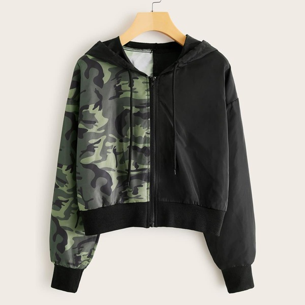 

Colorblock Camo Print Zip Up Hooded Jacket, Multicolor