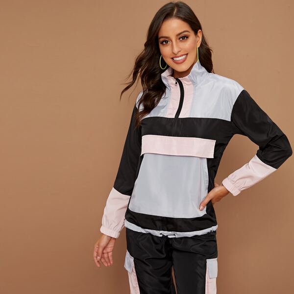 

Colorblock Zip Half Drawstring Windbreaker Jacket, Multicolor