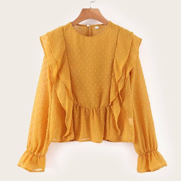 

Swiss Dot Ruffle Hem Zip Back Blouse, Yellow
