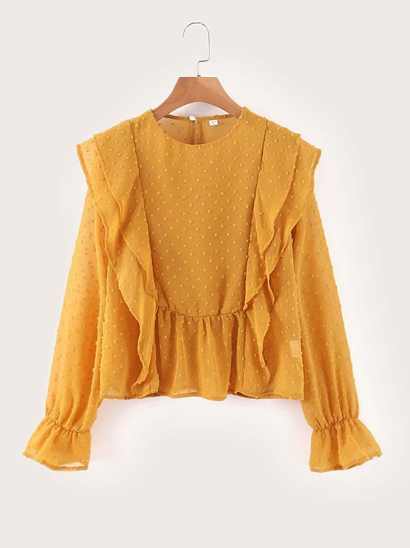 

Swiss Dot Ruffle Hem Zip Back Blouse, Yellow