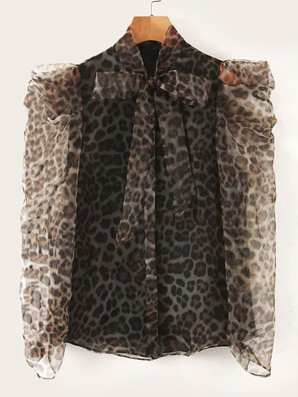 

Leopard Print Tie Neck Mesh Blouse, Multicolor