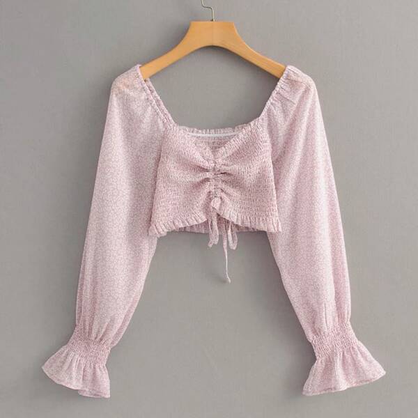 

Sweetheart Neck Ruched Ditsy Floral Crop Blouse, Pink