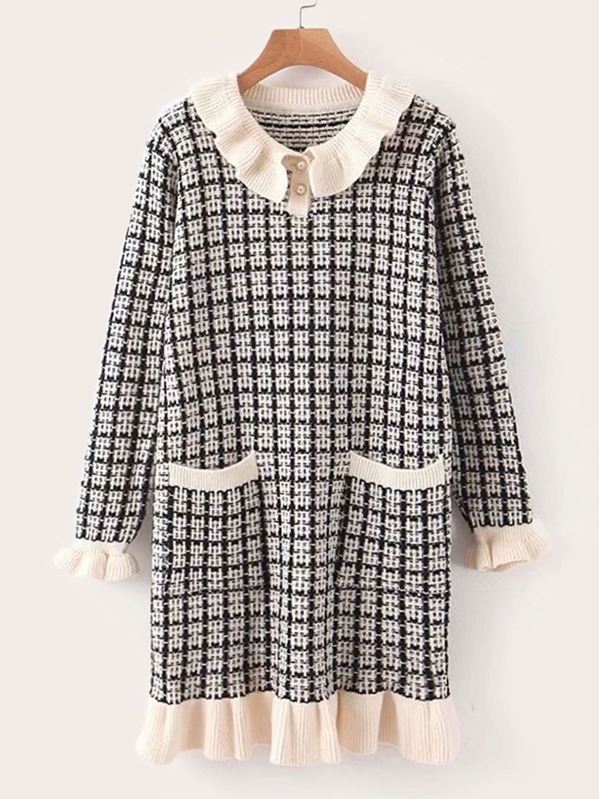 

Plaid Ruffle Hem Contrast Trim Sweater Dress, Black and white