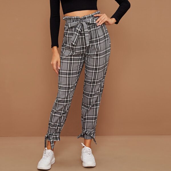 

Paper Bag Waist Tartan Tie Belted Pants, Grey