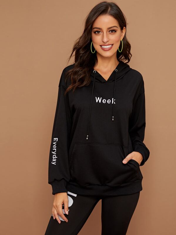

Letter Embroidered Pocket Drawstring Hoodie, Black, Mary P.