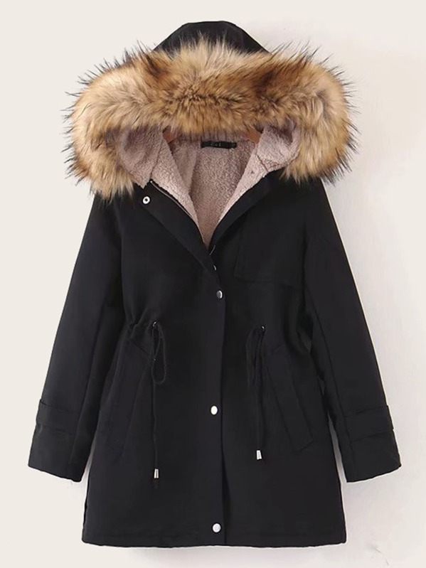 

Contrast Faux Fur Drawstring Waist Lined Parka Coat, Black