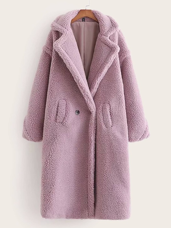 

Pocket Side Lapel Neck Teddy Coat, Purple