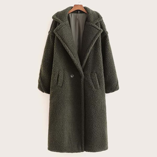 

Pocket Side Lapel Neck Teddy Coat, Army green