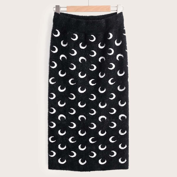 

Moon Print Straight Hem Sweater Skirt