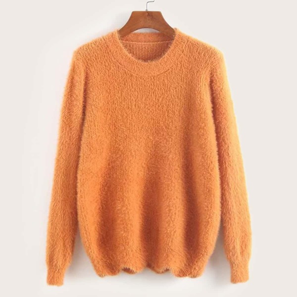 

Drop Shoulder Fluffy Knit Sweater, Orange