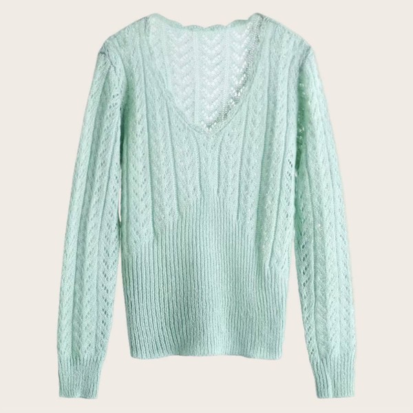 

V-Neck Ribbed Pointelle Sweater, Green pastel