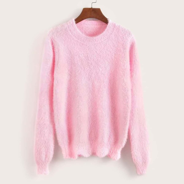 

Drop Shoulder Fluffy Knit Sweater, Pink pastel