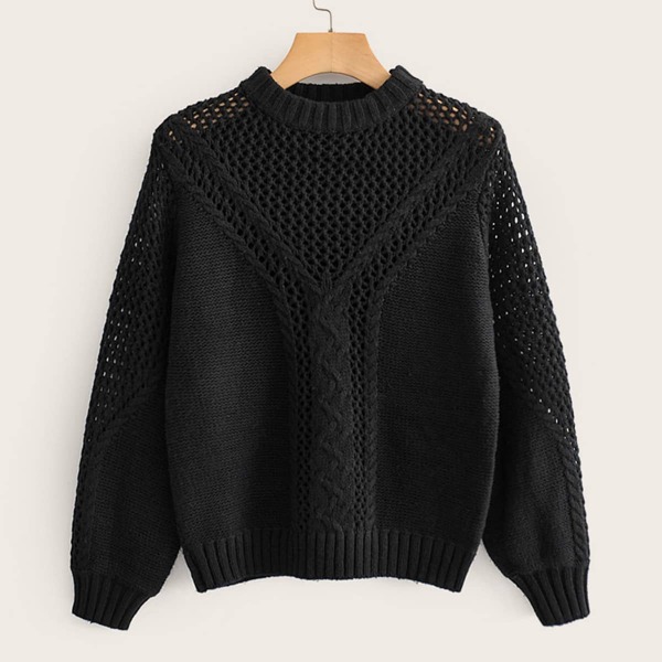 

Drop Shoulder Pointelle Chunky Knit Sweater, Black