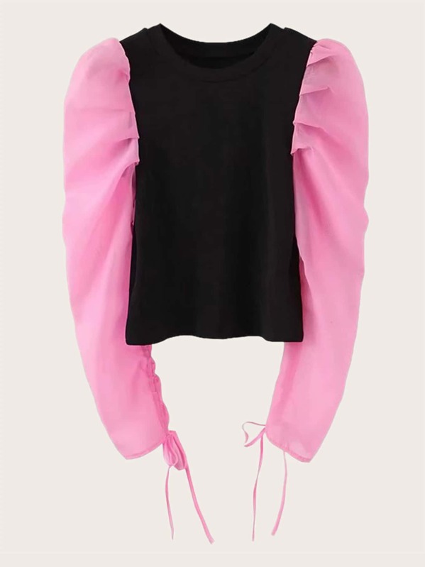 

Ribbed Drawstring Sleeve Crop Tee, Multicolor