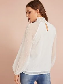 SHEIN 素色凸點裝飾打褶領上衣 - 白色 - 查看 2
