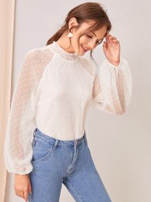 SHEIN 素色凸點裝飾打褶領上衣 - 白色 - 查看 4