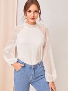 SHEIN 素色凸點裝飾打褶領上衣 - 白色 - 查看 1