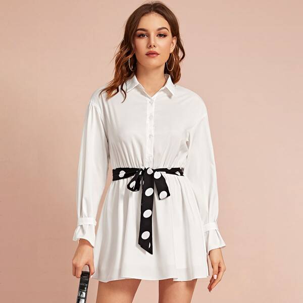 

Polka-dot Belt Button Front Shirt Dress, White