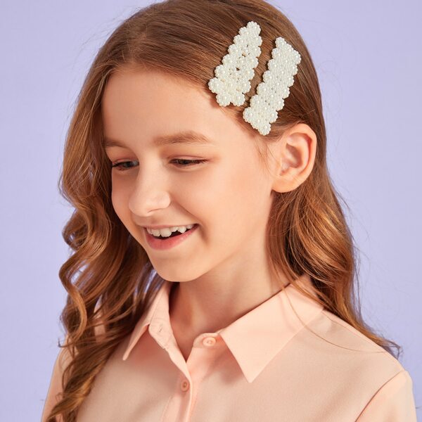 

Toddler Girls Faux Pearl Design Hair Snap Clip 2pcs, White