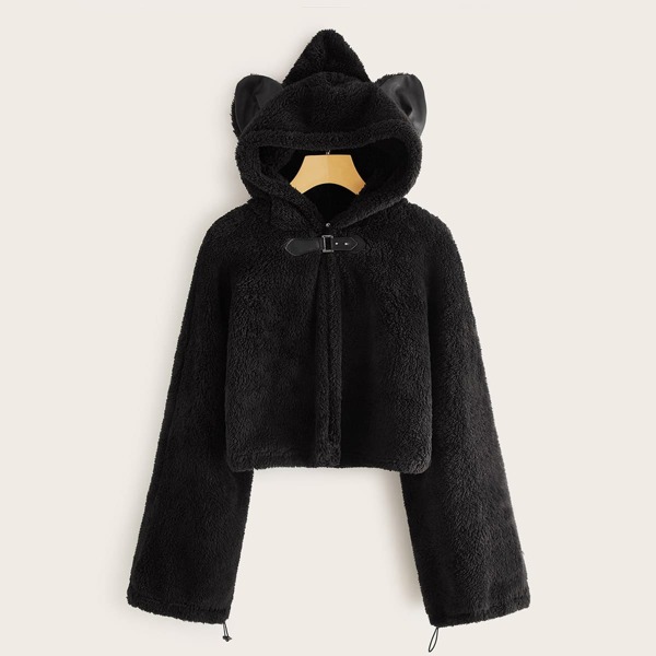 

Solid Zip Up Teddy Hooded Jacket With Ears, Black
