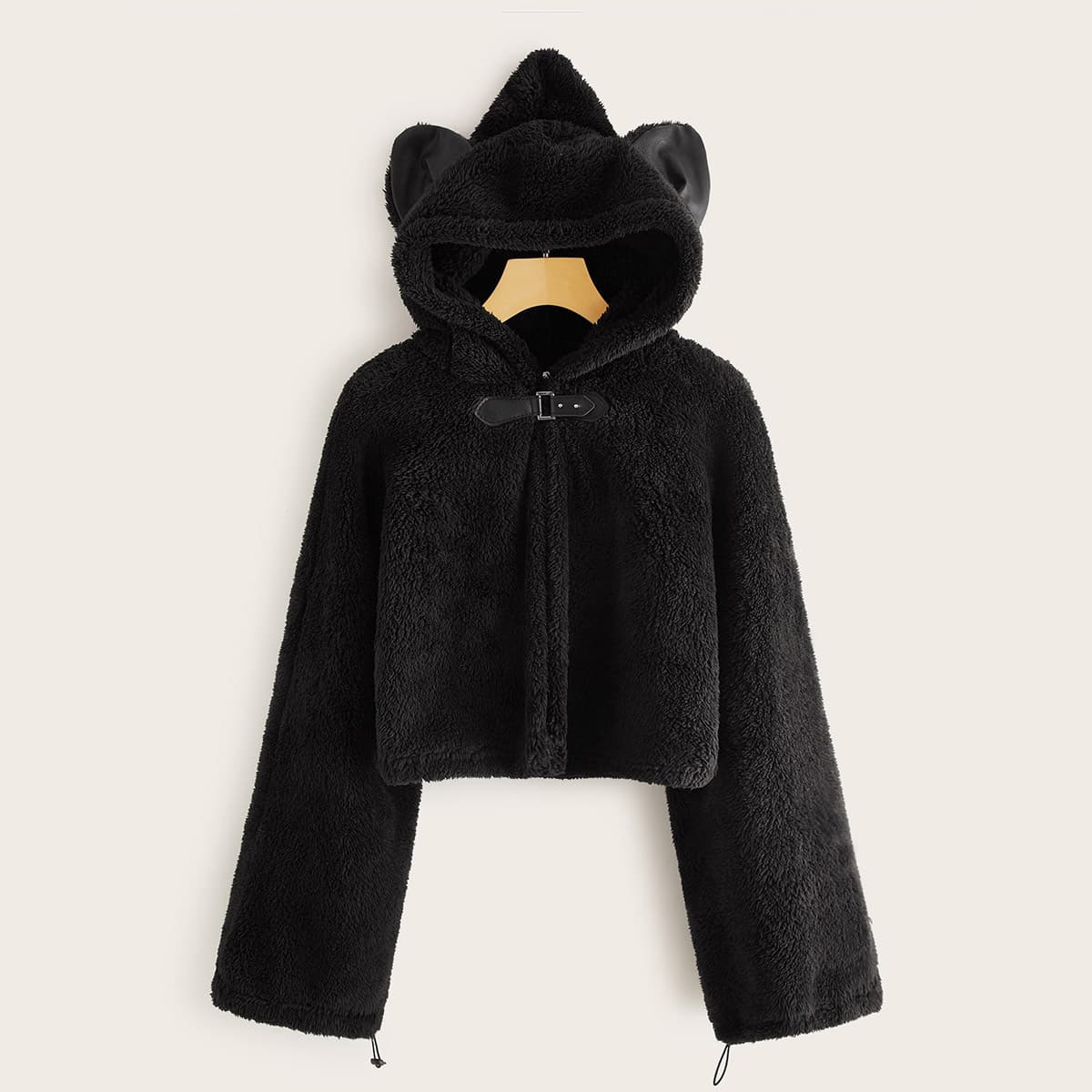 

Solid Zip Up Teddy Hooded Jacket With Ears, Black