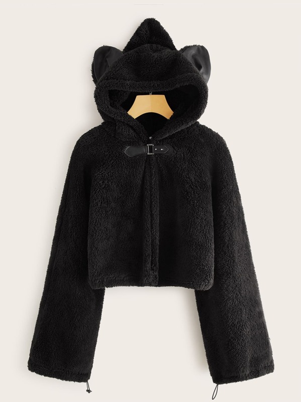 

Solid Zip Up Teddy Hooded Jacket With Ears, Black