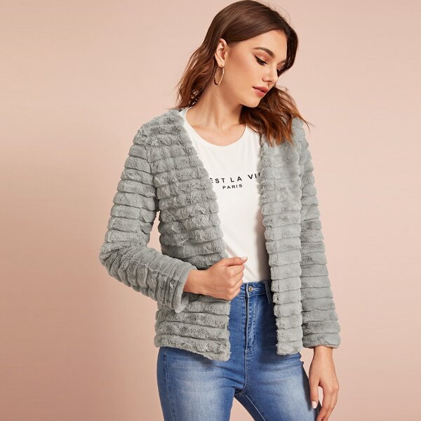 

Open Front Quilted Faux Fur Coat, Grey
