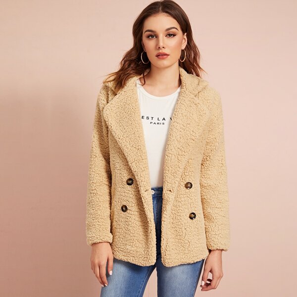 

Double Button Teddy Pea Coat, Beige