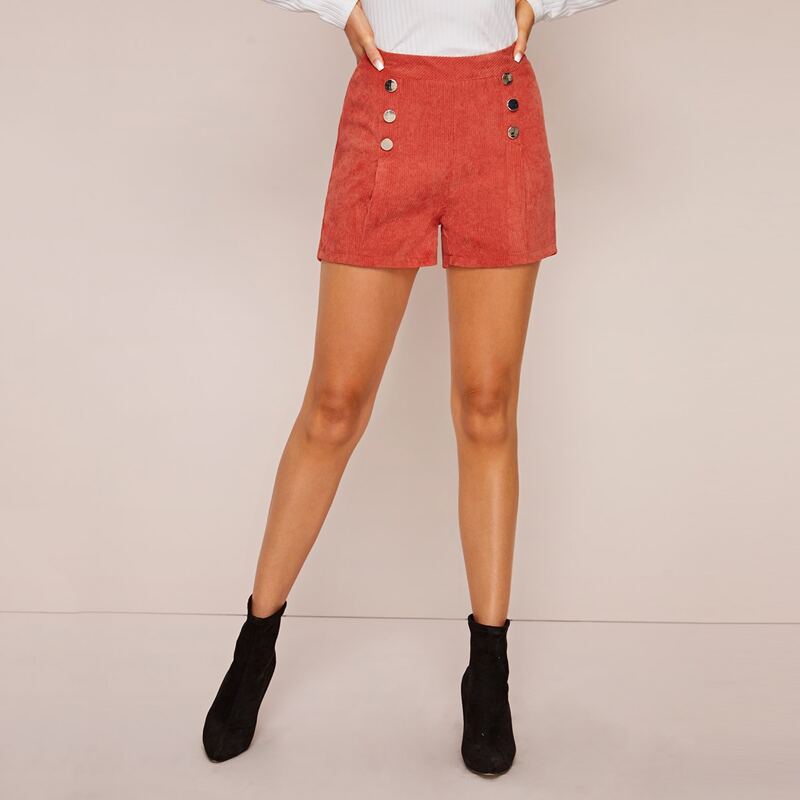 

Button Detail Solid Corduroy Shorts, Orange