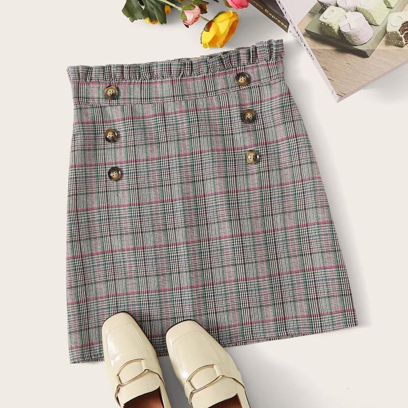 

Plaid Button Front Paperbag Waist Skirt, Multicolor