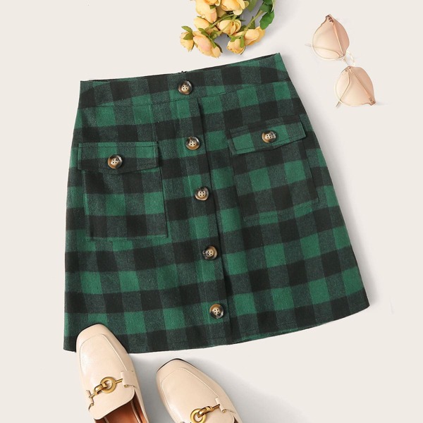 

Gingham Print Button Through Flap Pocket Skirt, Multicolor