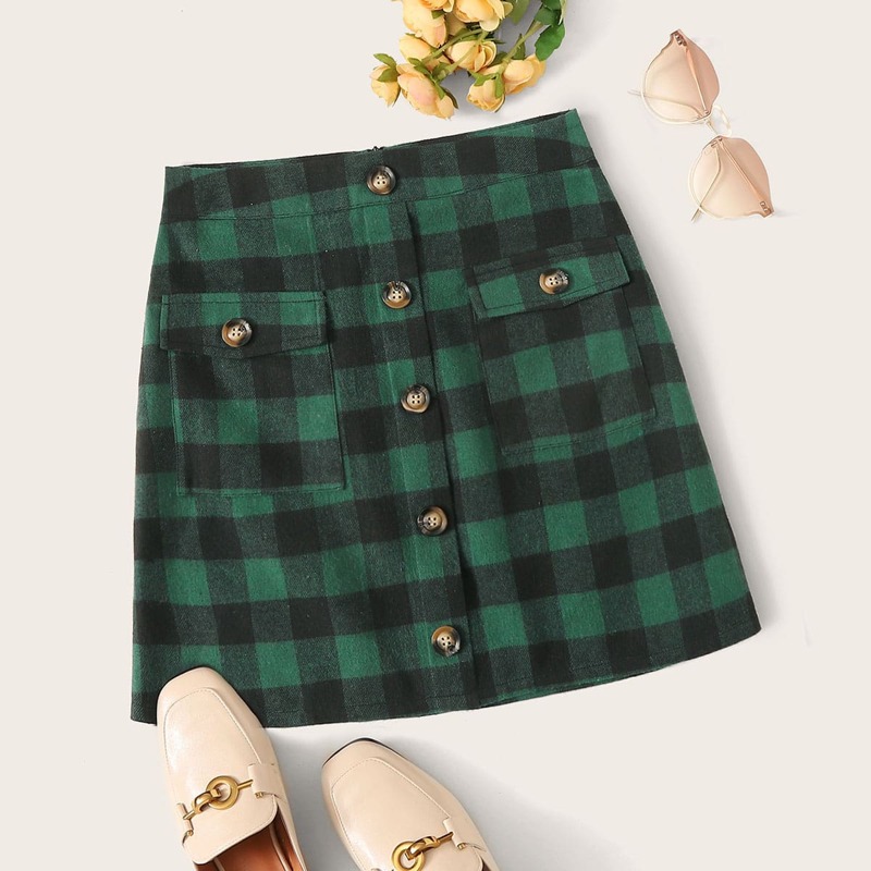 

Gingham Print Button Through Flap Pocket Skirt, Multicolor