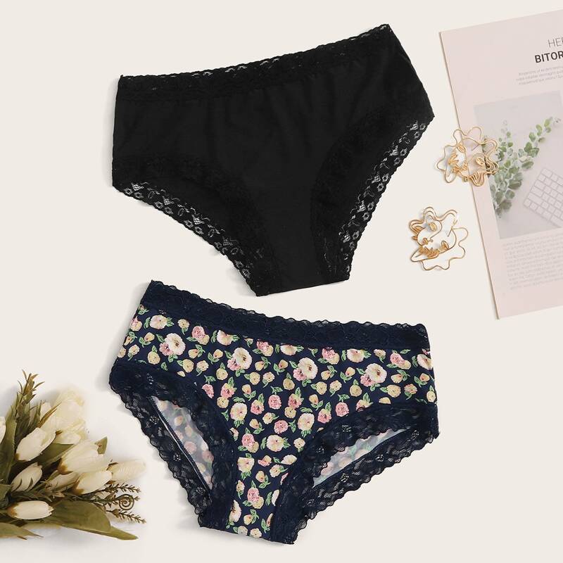 

2pack Floral Lace Trim Panty Set, Multicolor